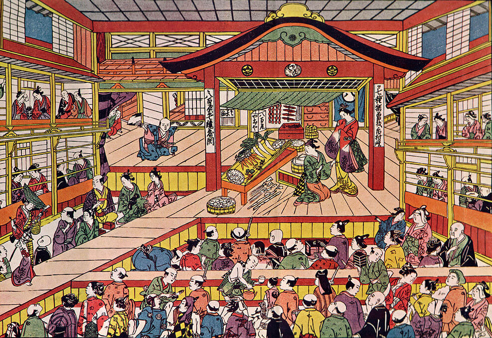 Imagen de un teatro con una representación de kabuki japonés por Masanobu Okumura