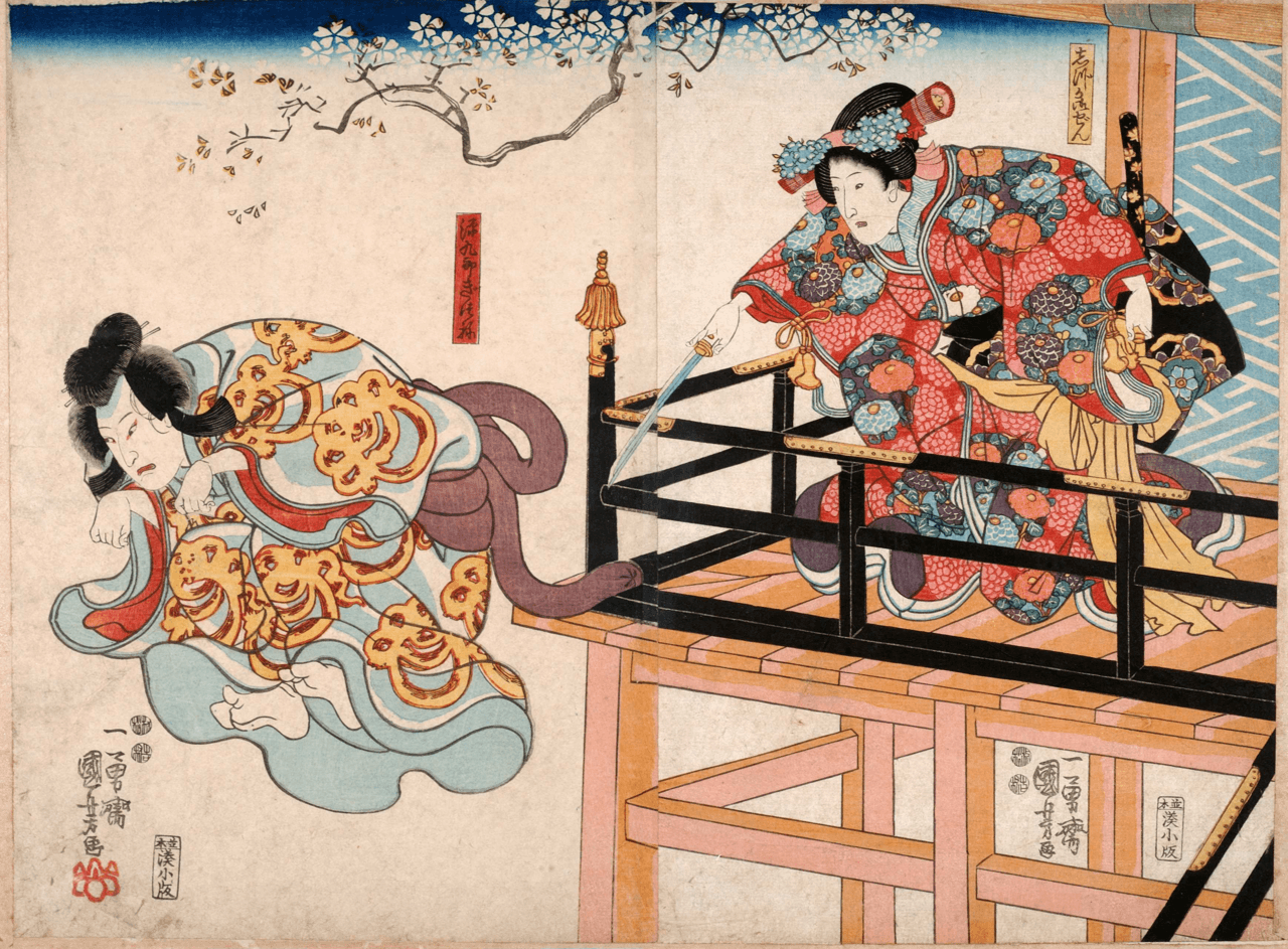 Dos actores de teatro kabuki japonés en una ilustración del siglo XIX